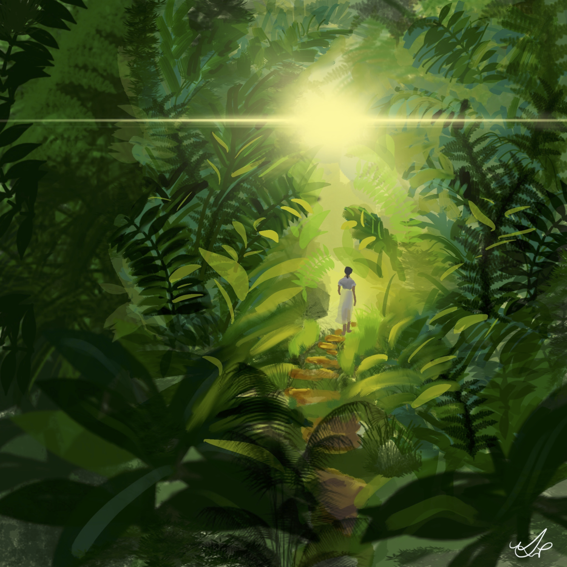 painting of lone explorer among green foliage