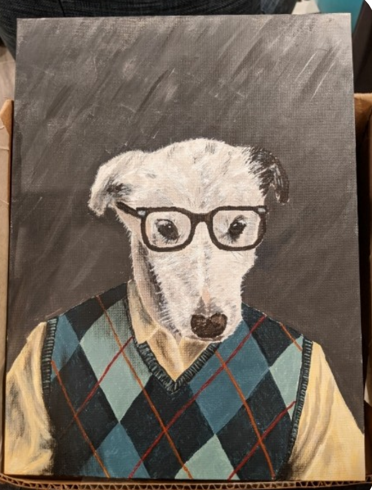 painting of dog in sweater vest and glasses