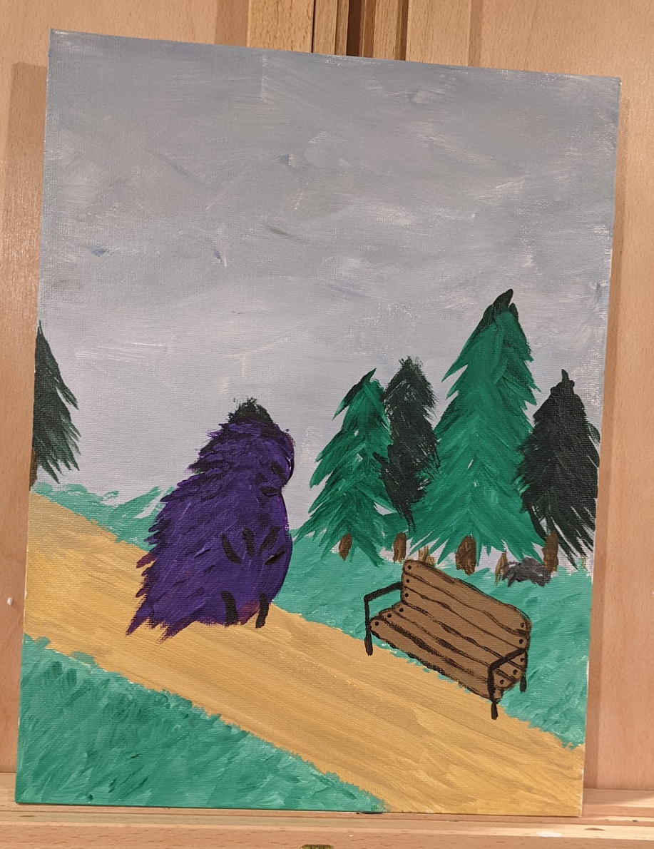 painting of purple monster on a road with bench