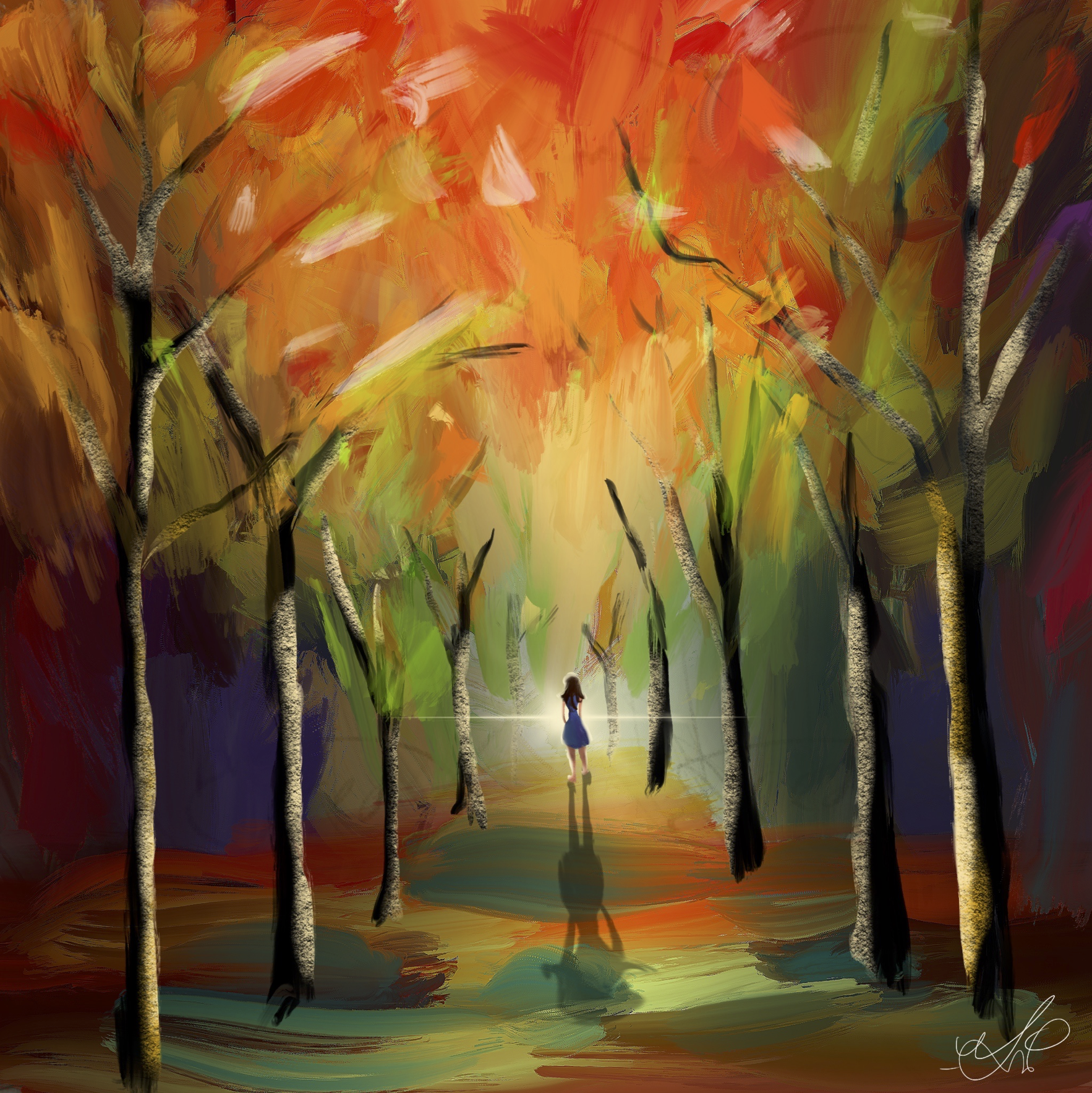 painting of lone explorer through trees