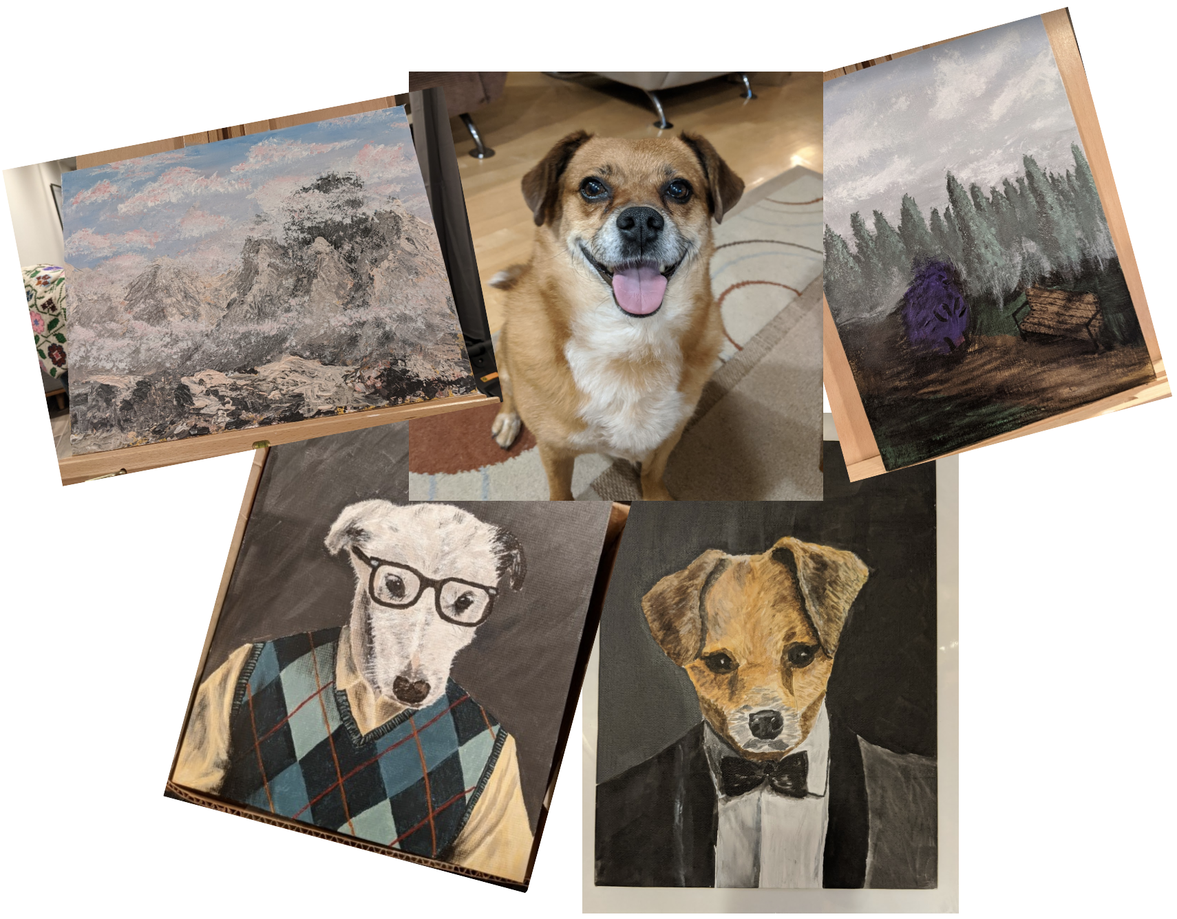 collage of paintings and a photo of a dog