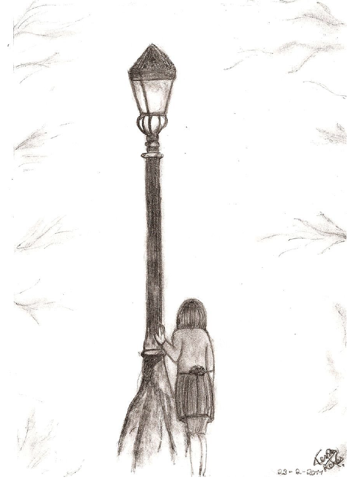 sketch of a girl under a lamppost