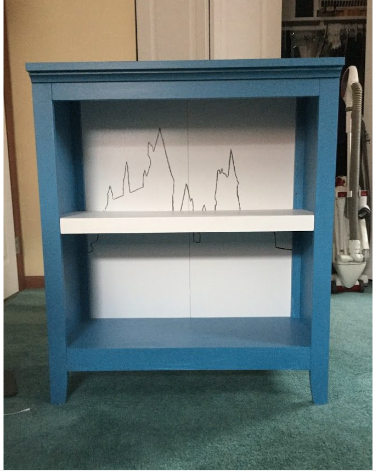 a blue bookshelf